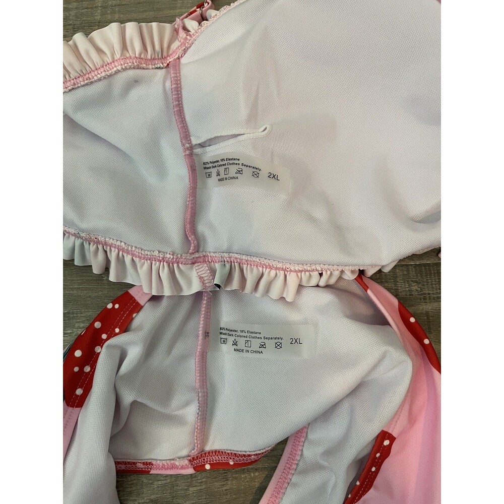 Strawberry Pink 2 Piece Bikini Set Size 2XL Bow Adjustable Straps Ruffles Swim - Picture 3 of 6